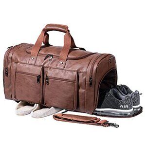 Leather Weekender Travel Bag Carry On Duffel Bag With Shoe Compartment Large